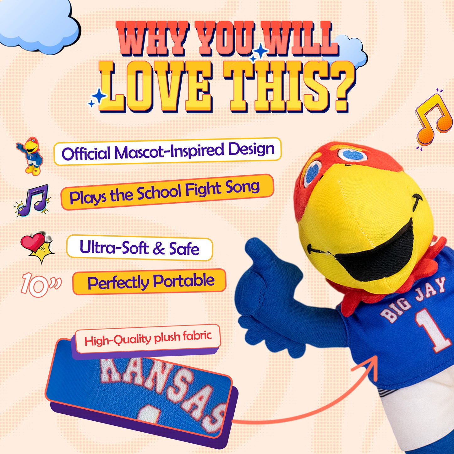 Kansas Jayhawk Mascot Plush Toy – Dancing Stuffed Animal