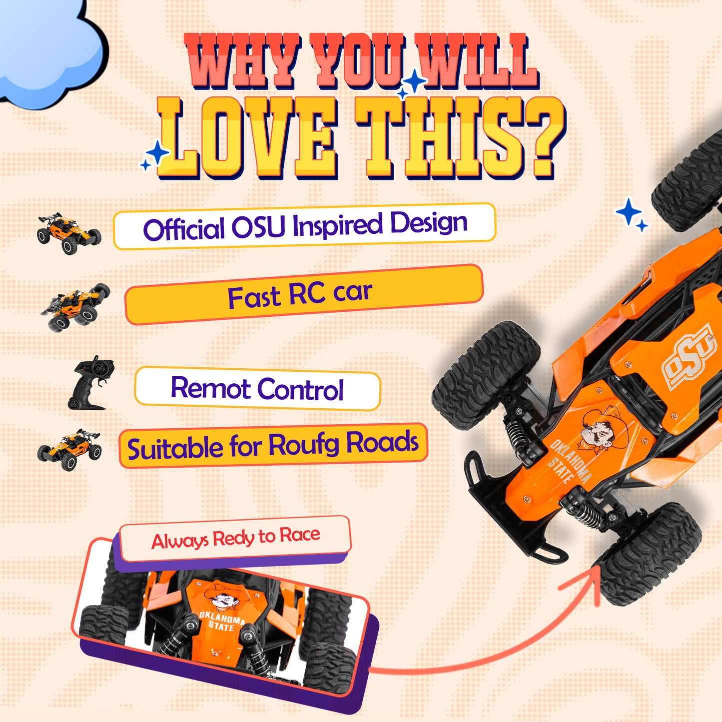OSU Oklahoma State Remote Control Car for Kids